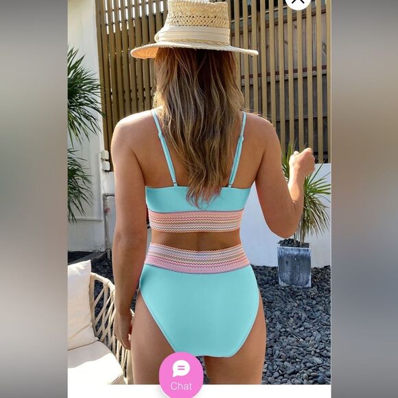 New Bikini set sky blue striped mutli-color high waisted full coverage- mint. M - Picture 2 of 7